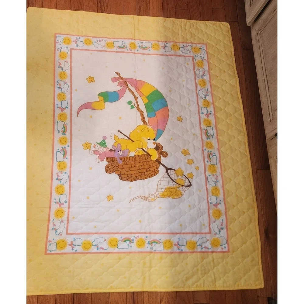 VINTAGE Care Bears Sunshine Bear Baby Blanket Quilt‎ Hot Air Balloon Cotton